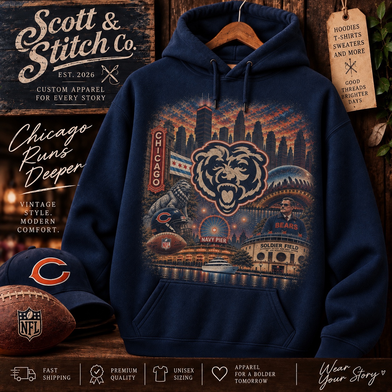 Navy Bears hoodie with vintage Chicago landmarks collage