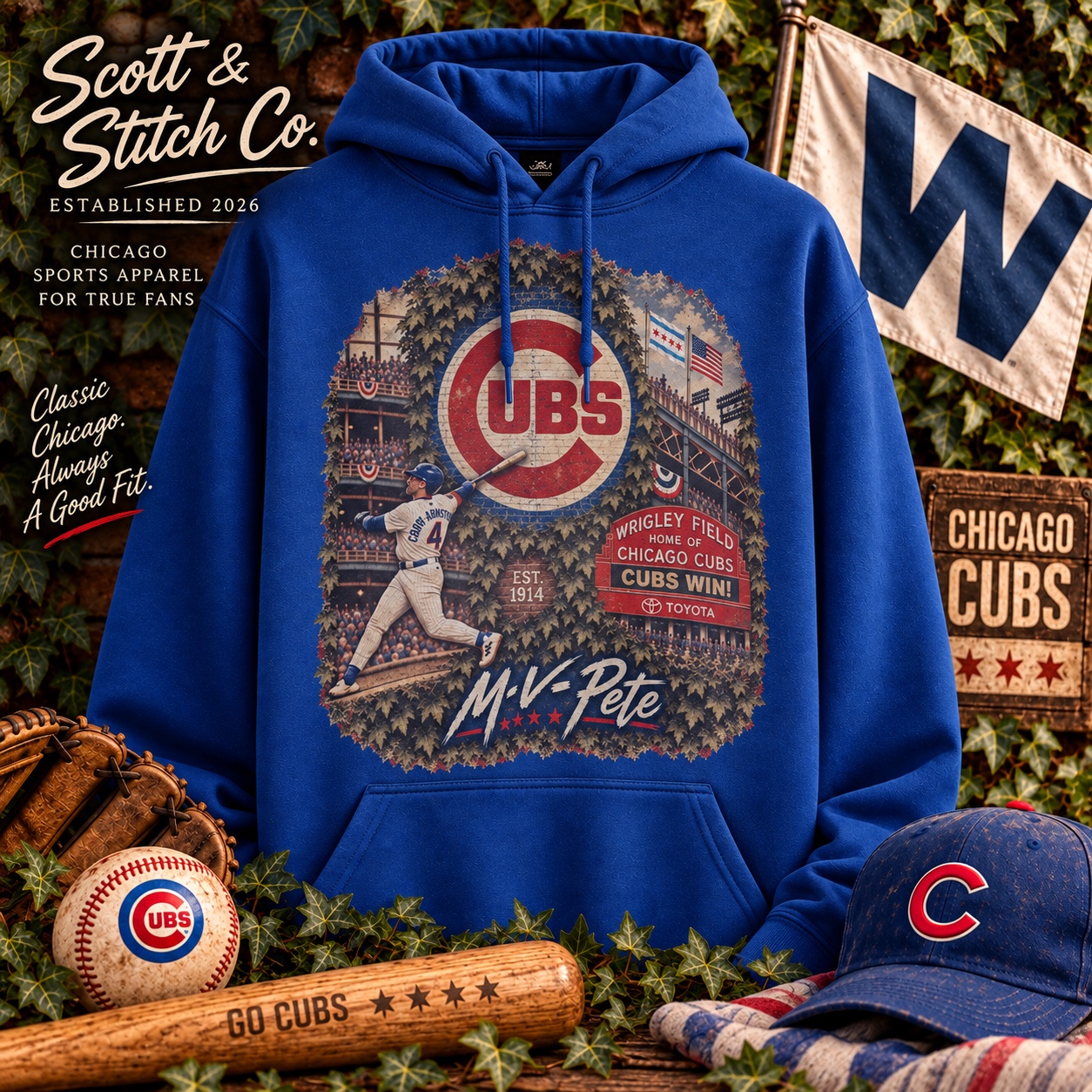 Royal blue Cubs hoodie with vintage Chicago baseball collage