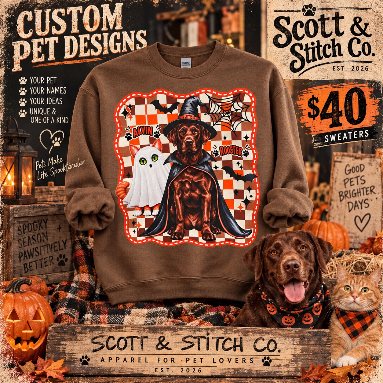 Brown Halloween pets sweatshirt featuring Alvin the cat and Rooster the Labrador