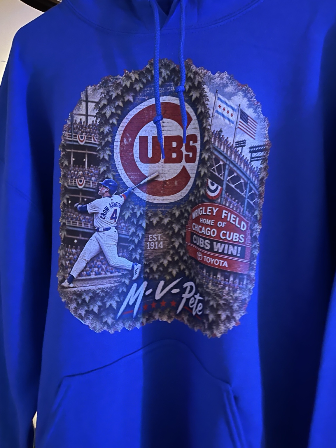 Scott & Stitch Co. royal blue hoodie featuring a vintage Chicago baseball collage
